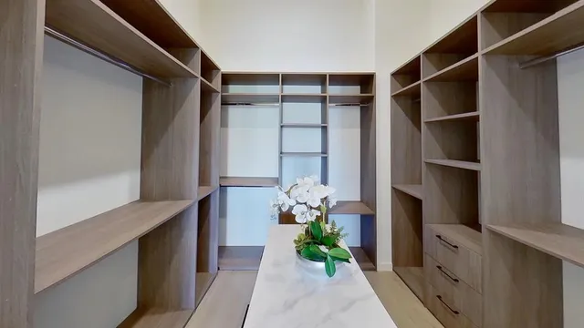a hallway with cabinets and a potted plant