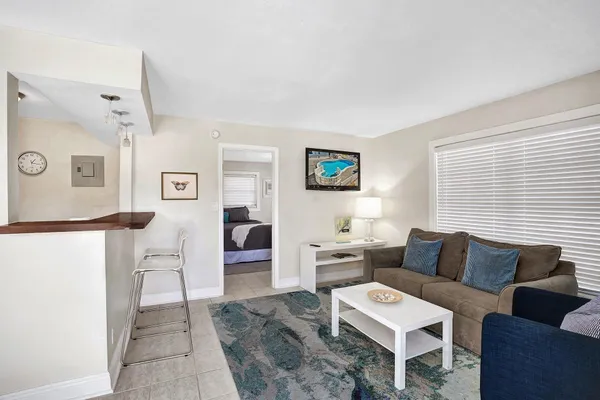 a living room with furniture and a rug