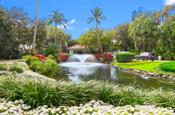 a view of a garden with a fountain
