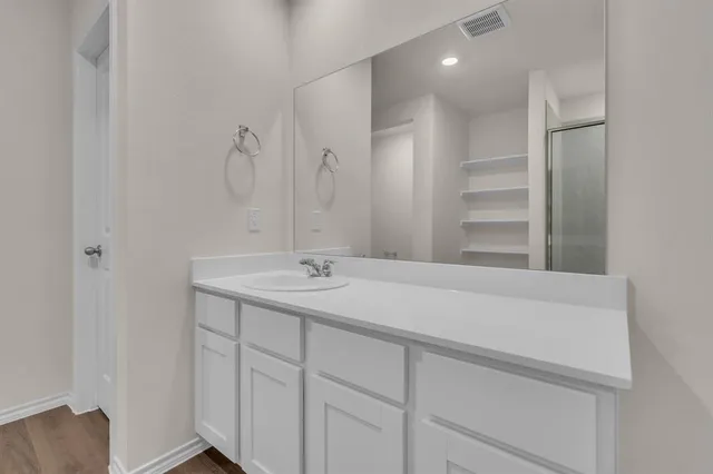 a bathroom with a sink and a mirror