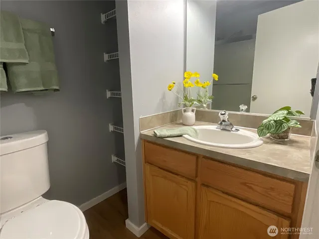 a bathroom with a sink toilet and vanity