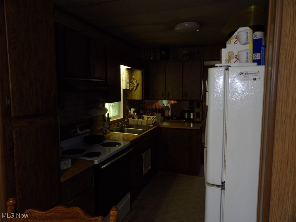 9150 Horn Road Windham, OH 44288 - Photo 5 of 28 Kitchen with sink, dark brown cabinets, and white appliances