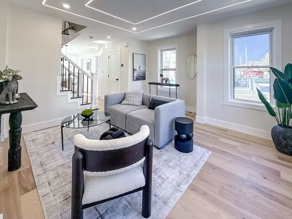 a living room with furniture and a potted plant