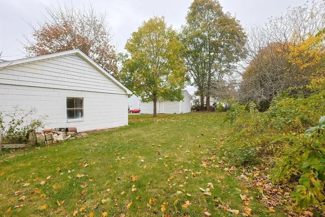 a view of a backyard with large trees