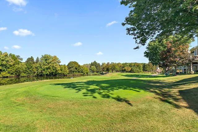 a view of a golf course with a lake