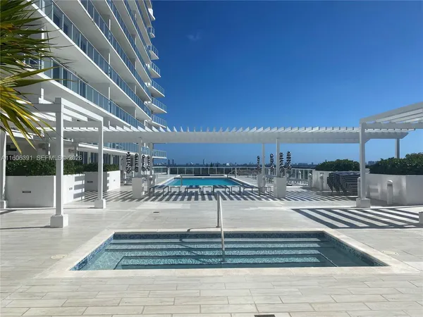 a view of a swimming pool with a patio