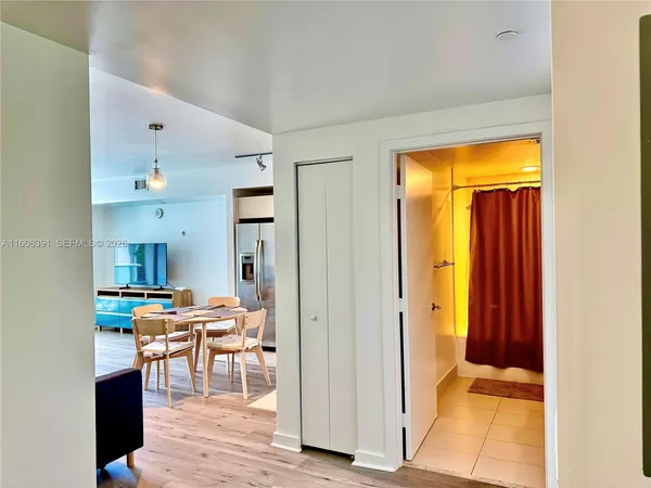 a view of a dining hall with a dining table