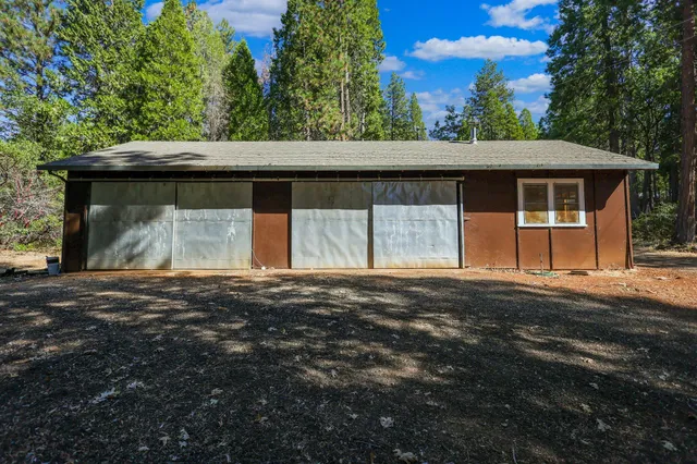 a backyard of a house with yard fire pit barbeque oven and covered with tall trees