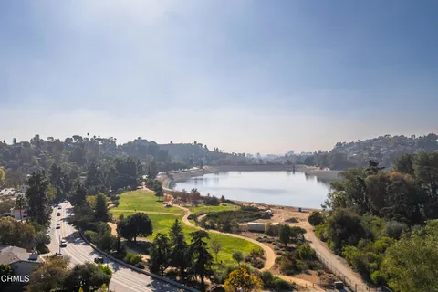 a view of a lake with a mountain in the background