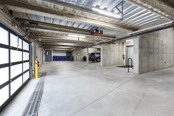 a view of a garage with door