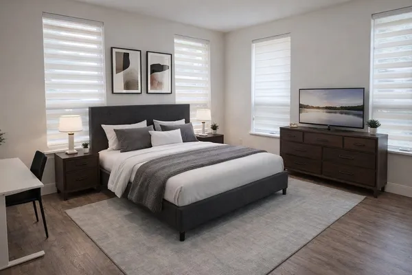 a bedroom with a bed and wooden floor