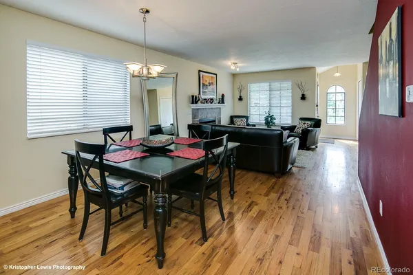 a view of a dining room with furniture