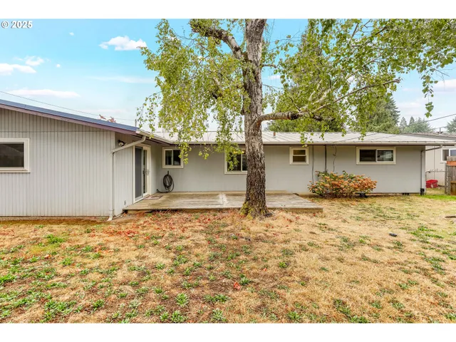 a view of a yard in front of a house with a large tree