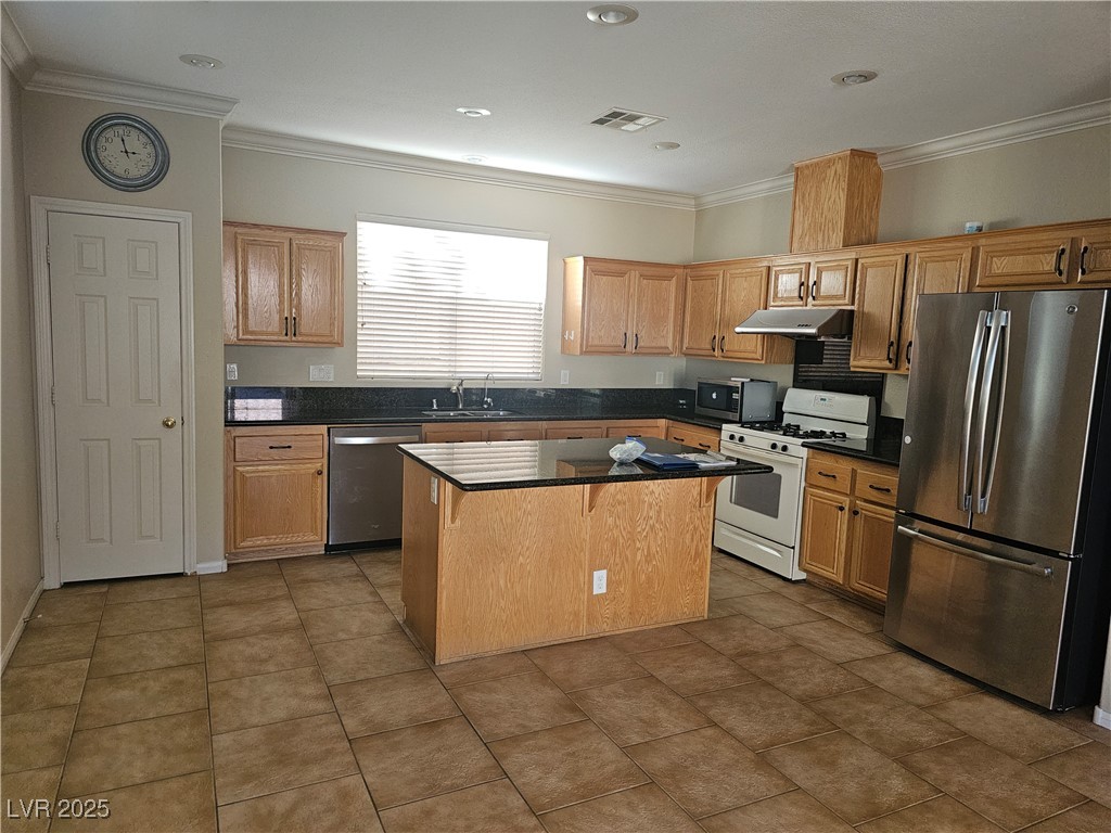 11081 Village Ridge Lane Las Vegas, NV 89135 - Photo 6 of 14 Kitchen featuring appliances with stainless steel finishes, ornamental molding, a center island, under cabinet range hood, and a kitchen bar