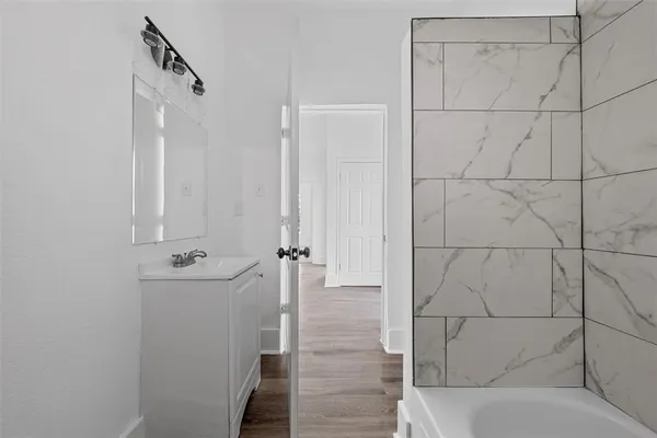 a bathroom with a bathtub