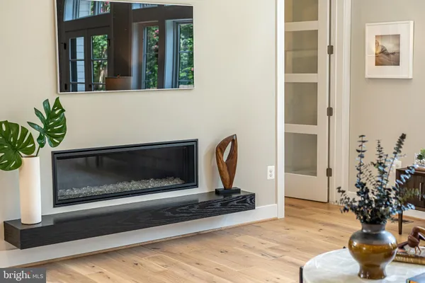 a living room with a fireplace and a potted plant