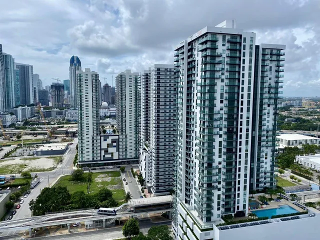 a city view with tall buildings