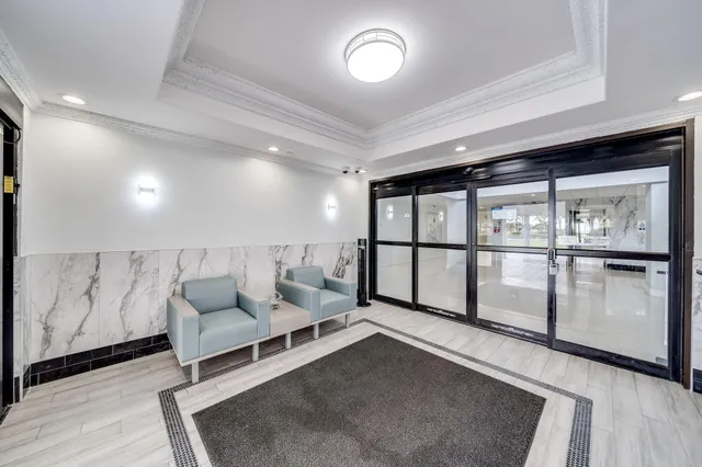 front view of a building with a street