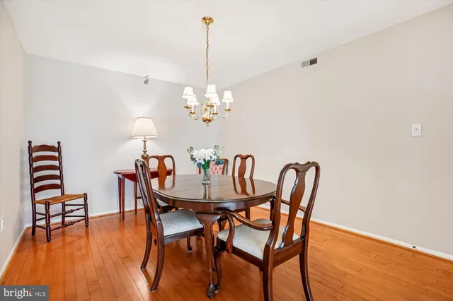 a dining room with furniture wooden floor a rug and a chandelier
