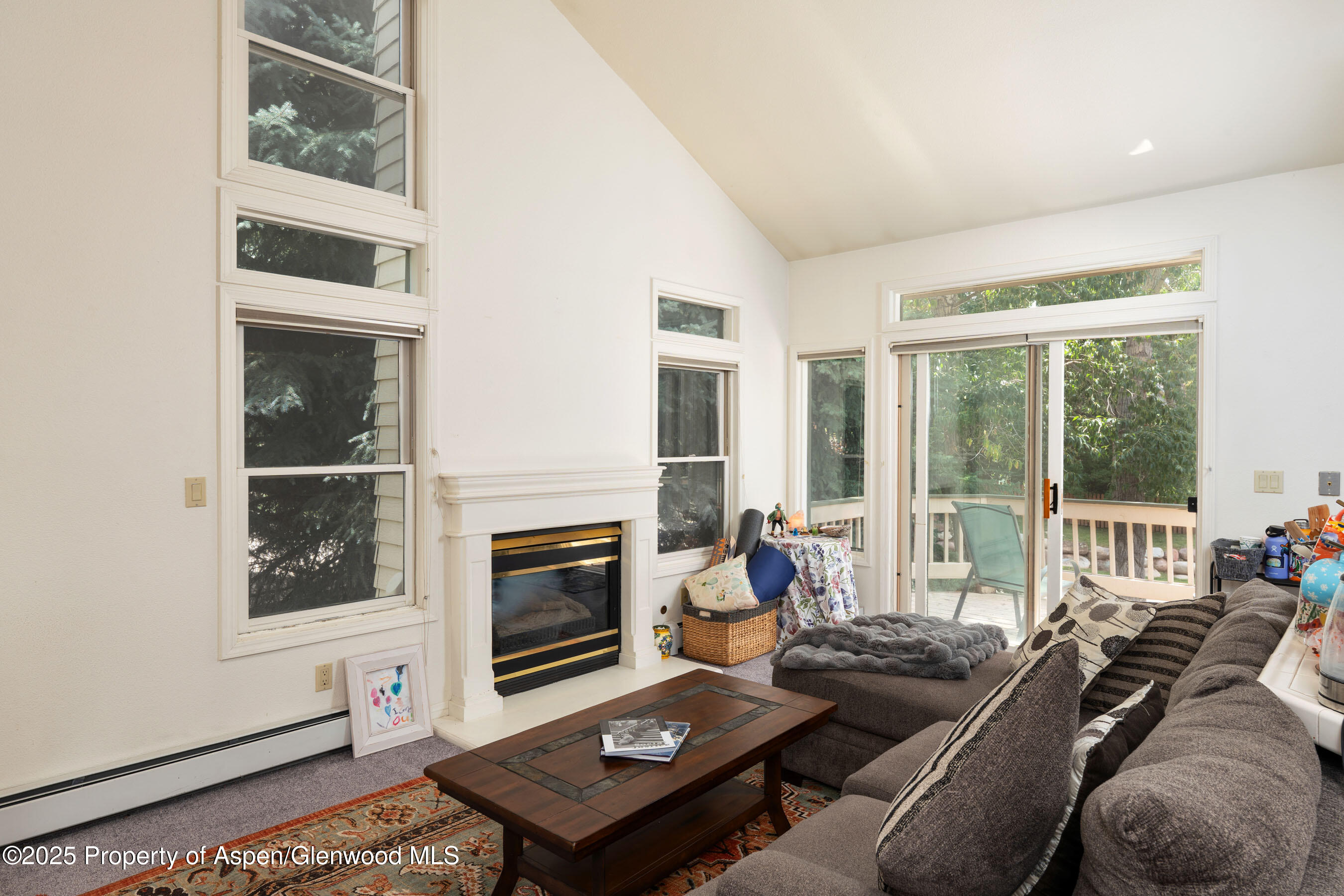 1506 Mockingbird Lane, Unit 11A Basalt, CO 81621 - Photo 2 of 8 a living room with furniture a fireplace and floor to ceiling windows
