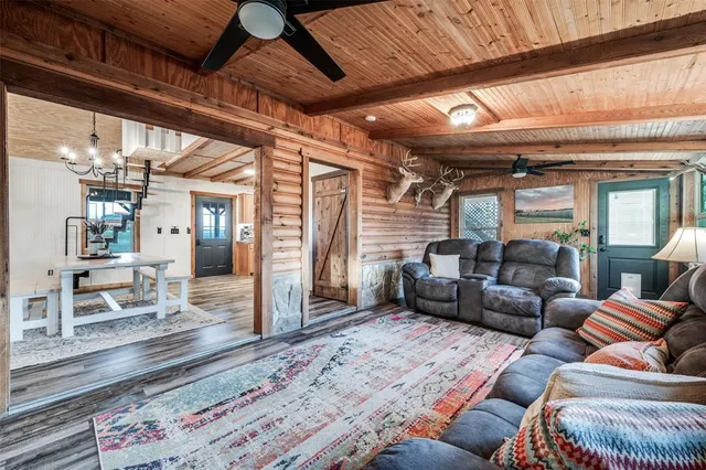 a view of a backyard with potted plants and large tree