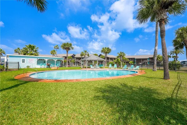 a view of swimming pool with lawn chairs and palm trees