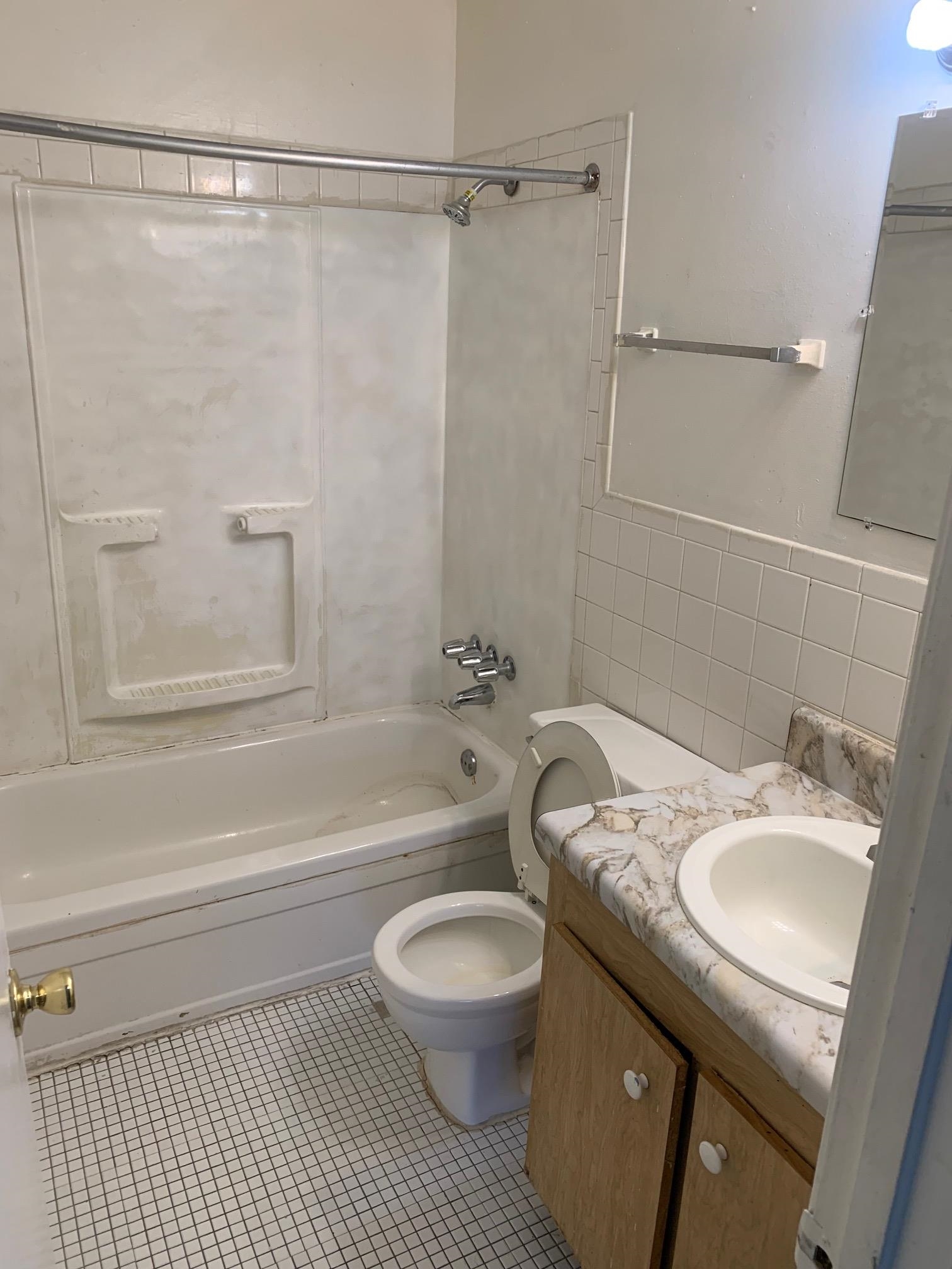 677 Miles, Unit 677 Memphis, TN 38111 - Photo 10 of 17 a bathroom with a granite countertop sink toilet a shower and a mirror