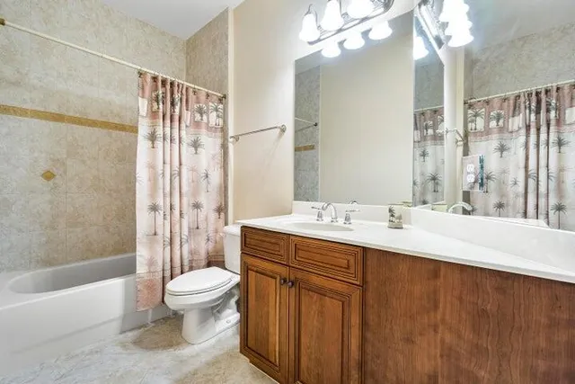 a bathroom with a toilet a sink a mirror a bathtub and vanity