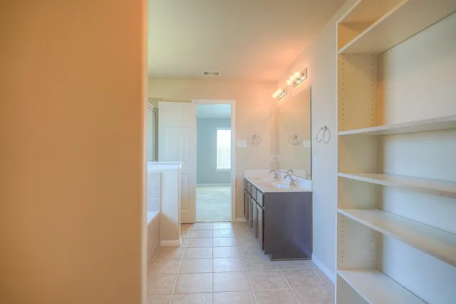 a bathroom with a bathtub sink and mirror
