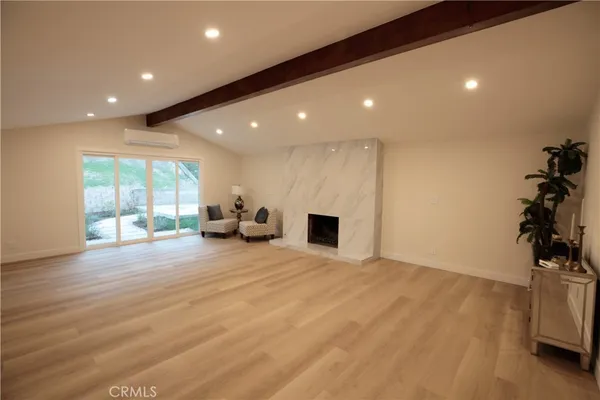 a view of an empty room with a fireplace and a potted plant