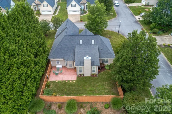 an aerial view of residential houses with outdoor space and street view