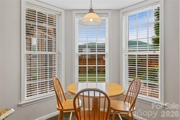 a view of a dining room with furniture and window