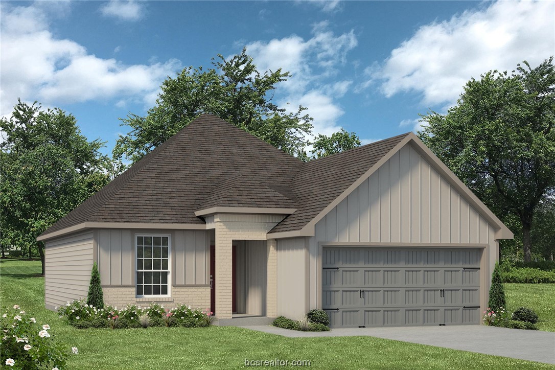 a view of a house with a yard and potted plants