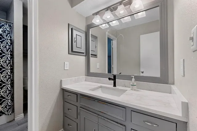 a bathroom with a sink and a mirror