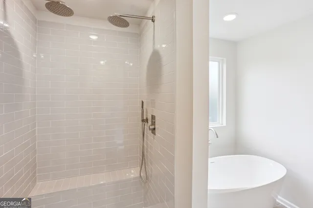 a bathroom with a shower and a toilet