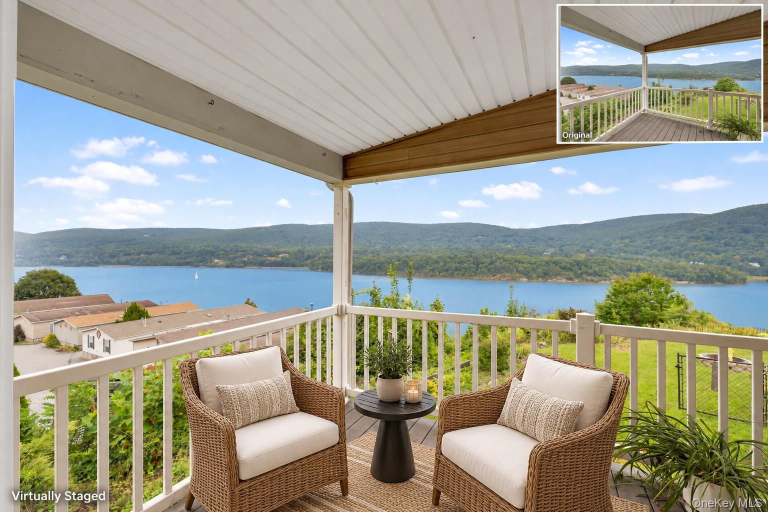 9 Rivercrest Road, Unit 15 Fort Montgomery, NY 10922 - Photo 2 of 45 Covered outdoor deck with white railing, composite decking, and a ceiling with wood-finish accents