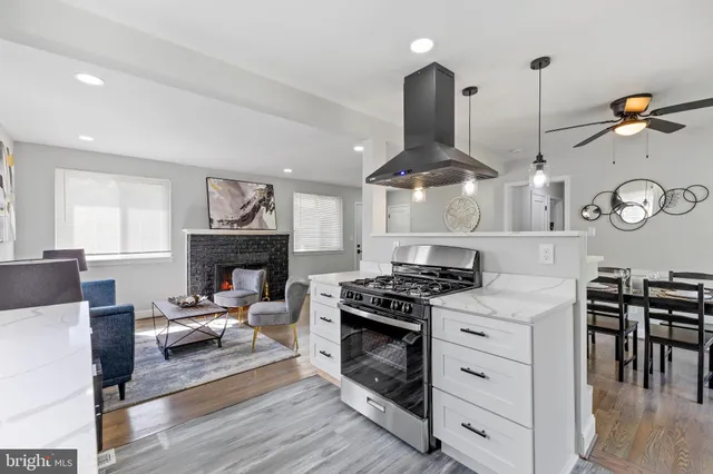 a kitchen with stainless steel appliances granite countertop a stove and a fireplace