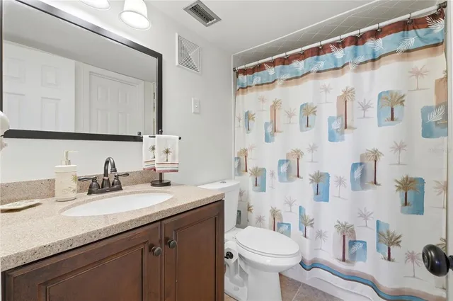 a bathroom with a sink a toilet and shower curtain