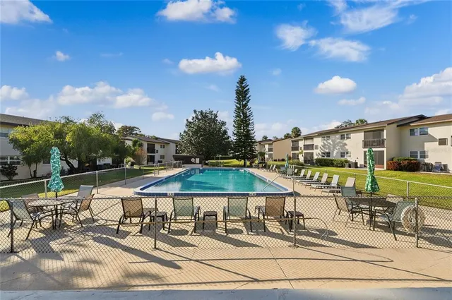 a view of a swimming pool with outdoor seating and plants