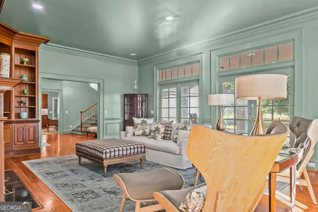 a bedroom with a bed and a fireplace