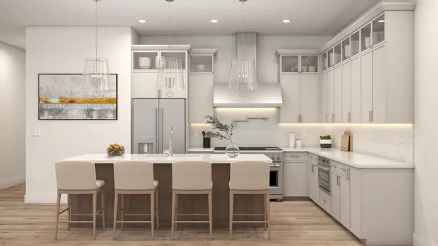 a room with a couch and a chandelier