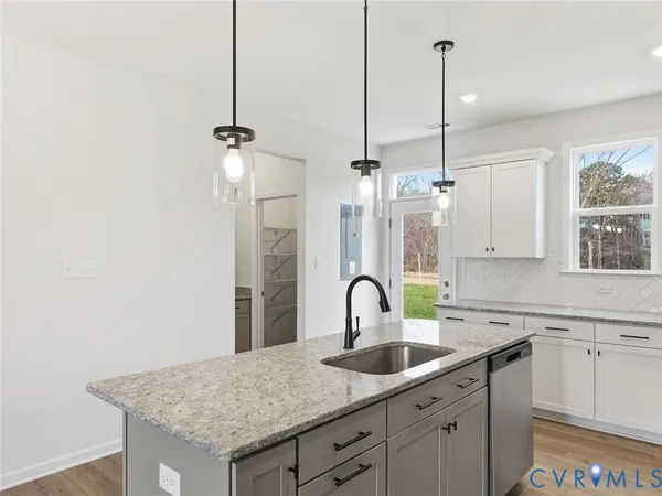 a kitchen with a sink a counter space appliances and cabinets