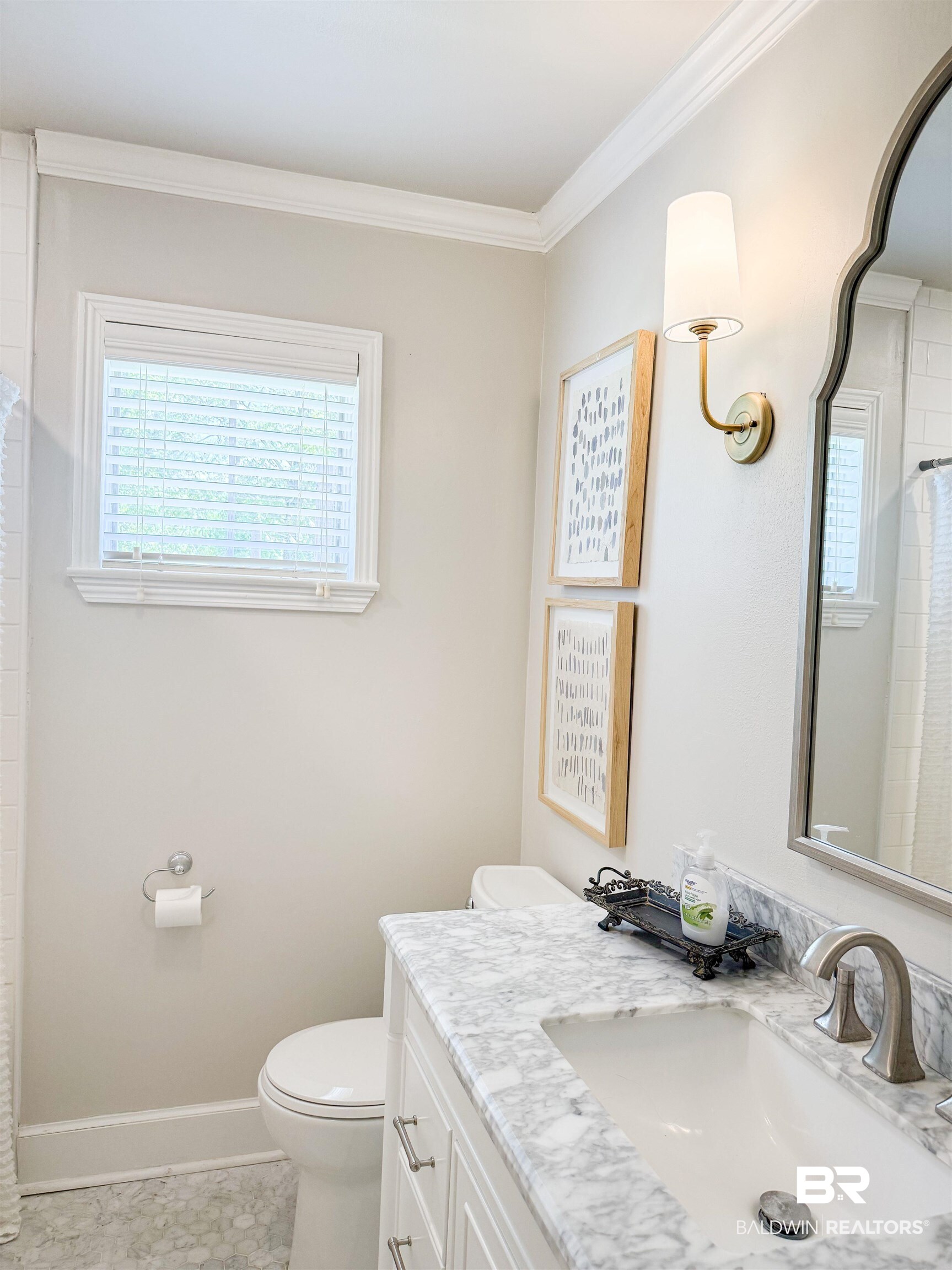 1508 Poplar Avenue Brewton, AL 36426 - Photo 16 of 22 Full bathroom featuring vanity, ornamental molding, a shower with curtain, and light tile patterned floors
