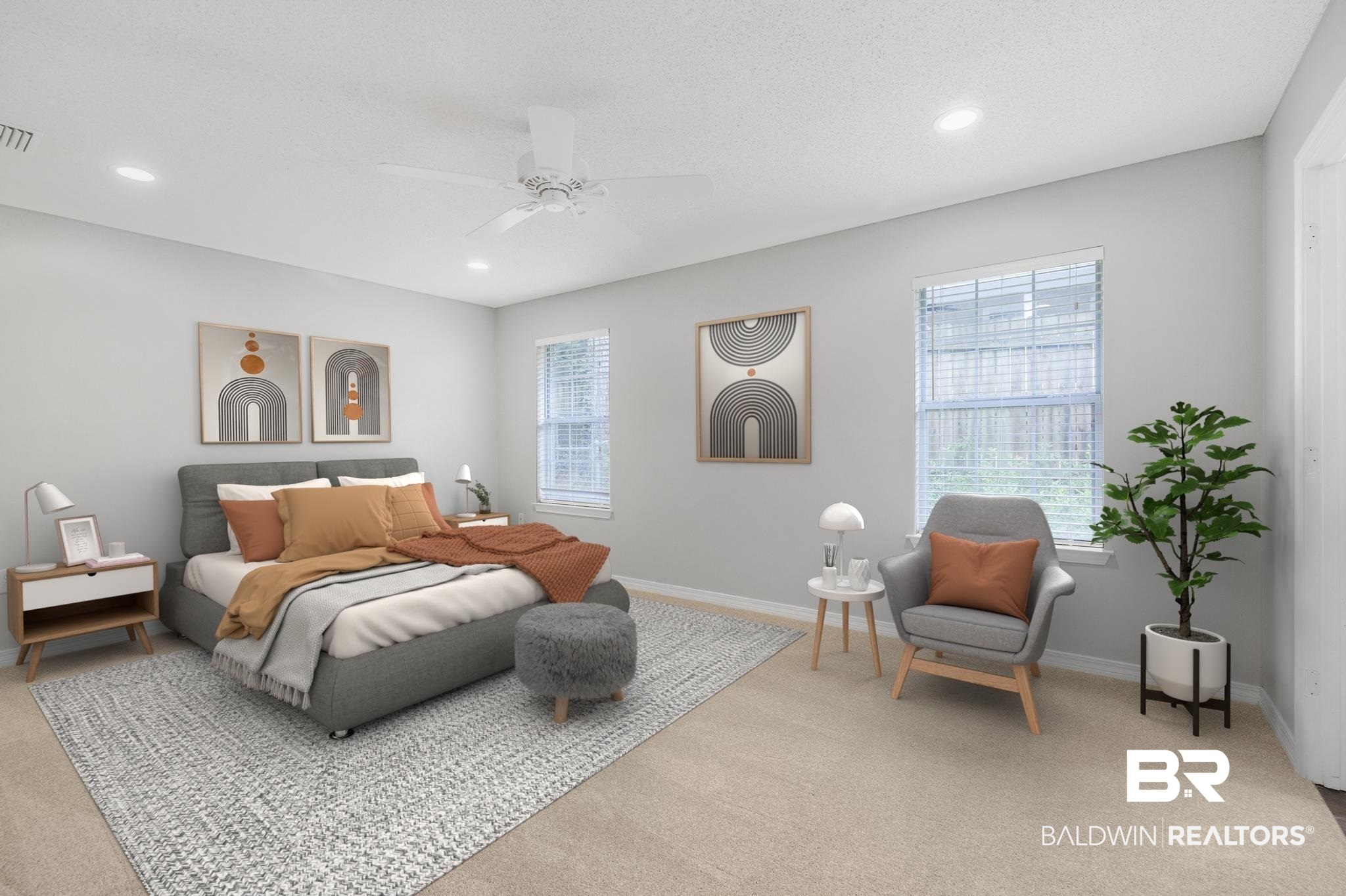 140 Hope Drive Daphne, AL 36526 - Photo 5 of 54 Bedroom with light colored carpet, ceiling fan, and recessed lighting