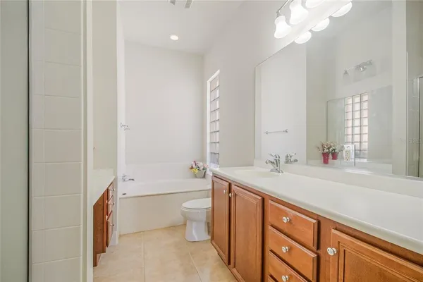 a bathroom with a double vanity sink toilet mirror and bathtub