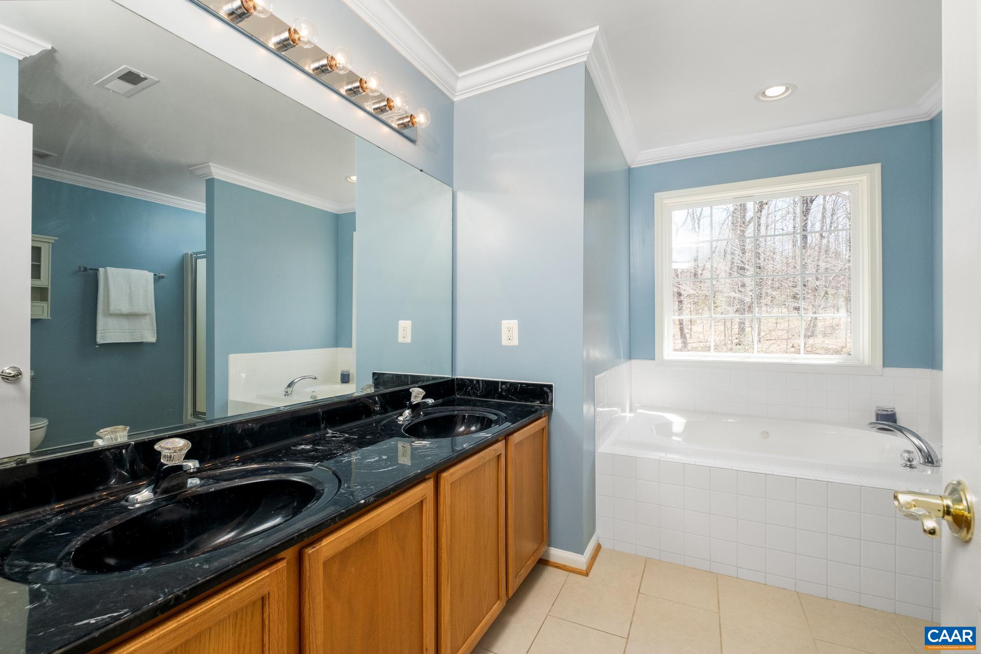 396 Riding Trail Lane Madison, VA 22727 - Photo 27 of 52 a bathroom with a granite countertop sink a large mirror and a bathtub