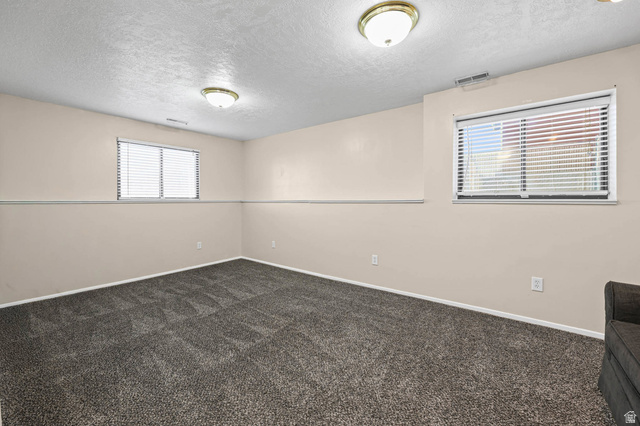 5896 South 3950th Street West Roy, UT 84067 - Photo 19 of 29 Spare room featuring dark colored carpet, a textured ceiling, and plenty of natural light