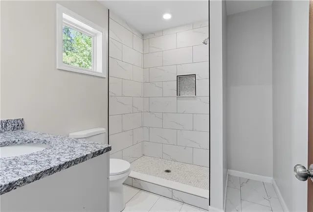 a bathroom with a granite countertop sink a toilet and shower