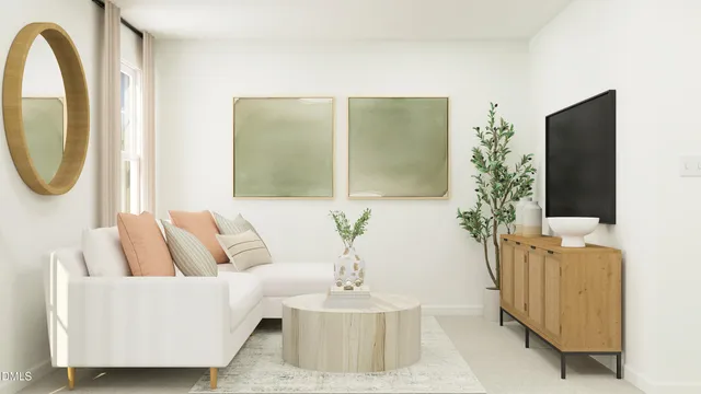 a living room with furniture and a mirror