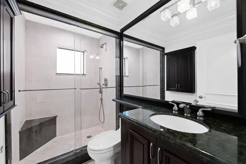 a bathroom with a granite countertop sink toilet a mirror a vanity and shower